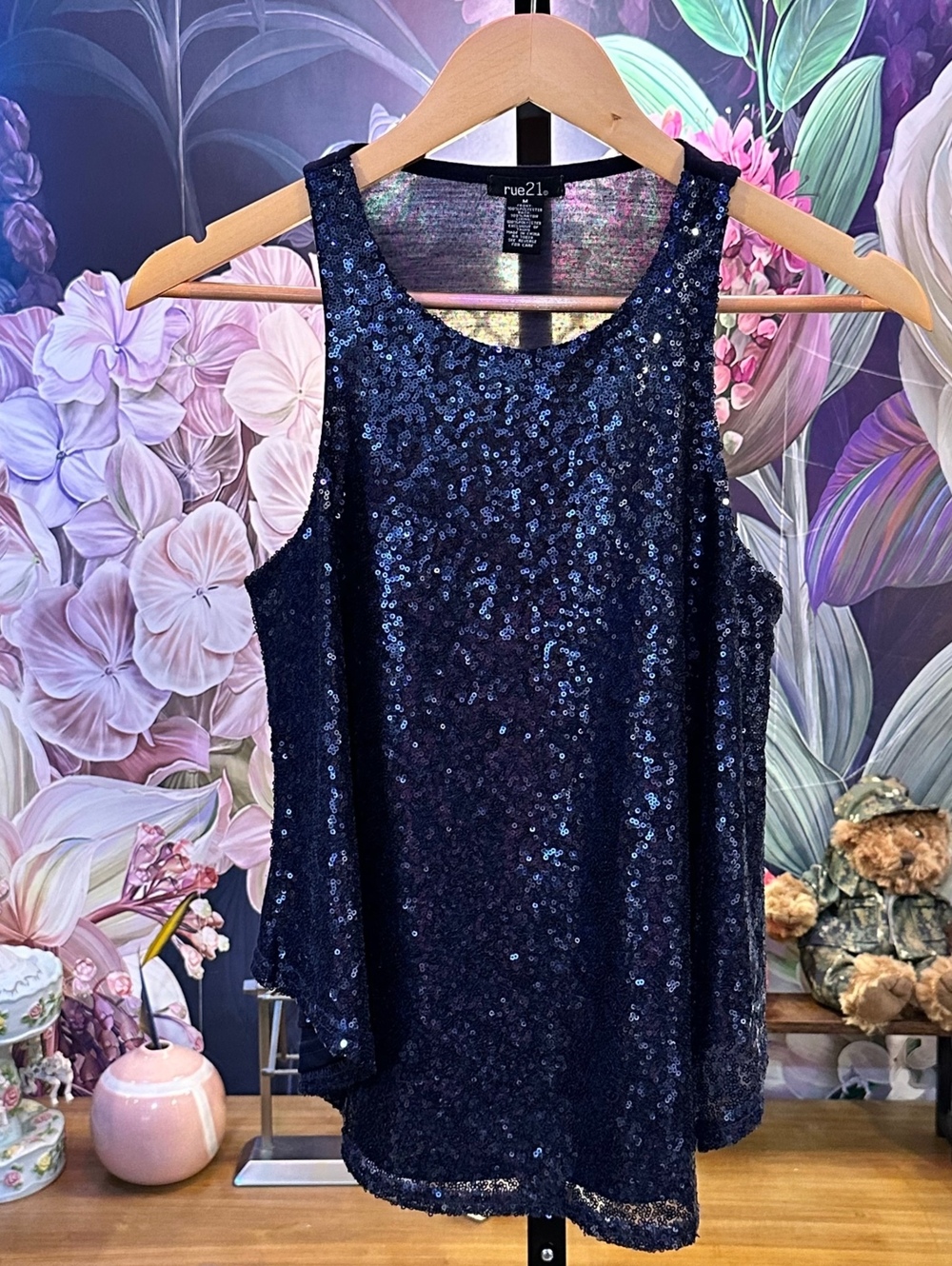 rue21 Women's Sequin Tank Top Medium Navy Blue Sleeveless Party Top
